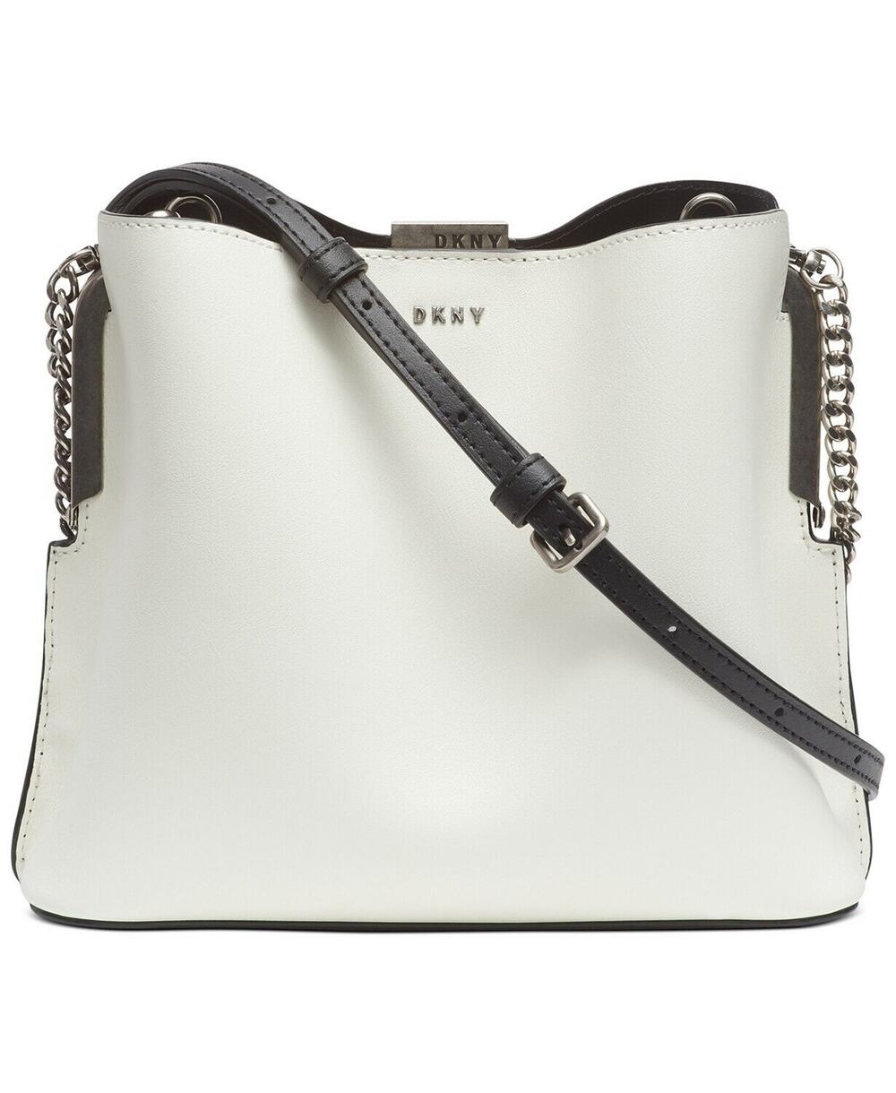 DKNY Farrah Leather Bucket Bag, White & Black Dual Tone Snap Closure Bag